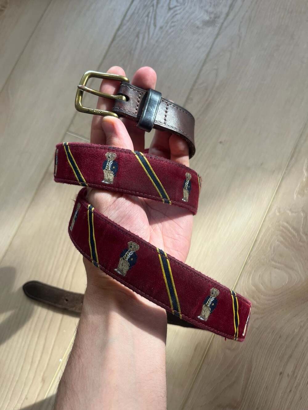 Polo Ralph Lauren Polo Bear Needlepoint Belt Burgundy Leather Trim